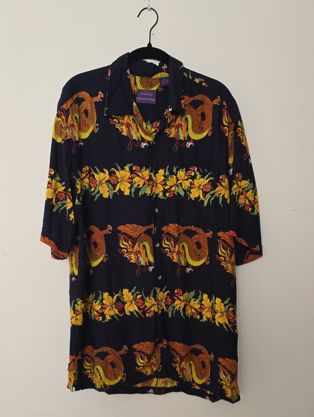 Jack Hollywood 100% Rayon Navy/Orange Dragon Floral Hawaiian Aloha Shirt Size L